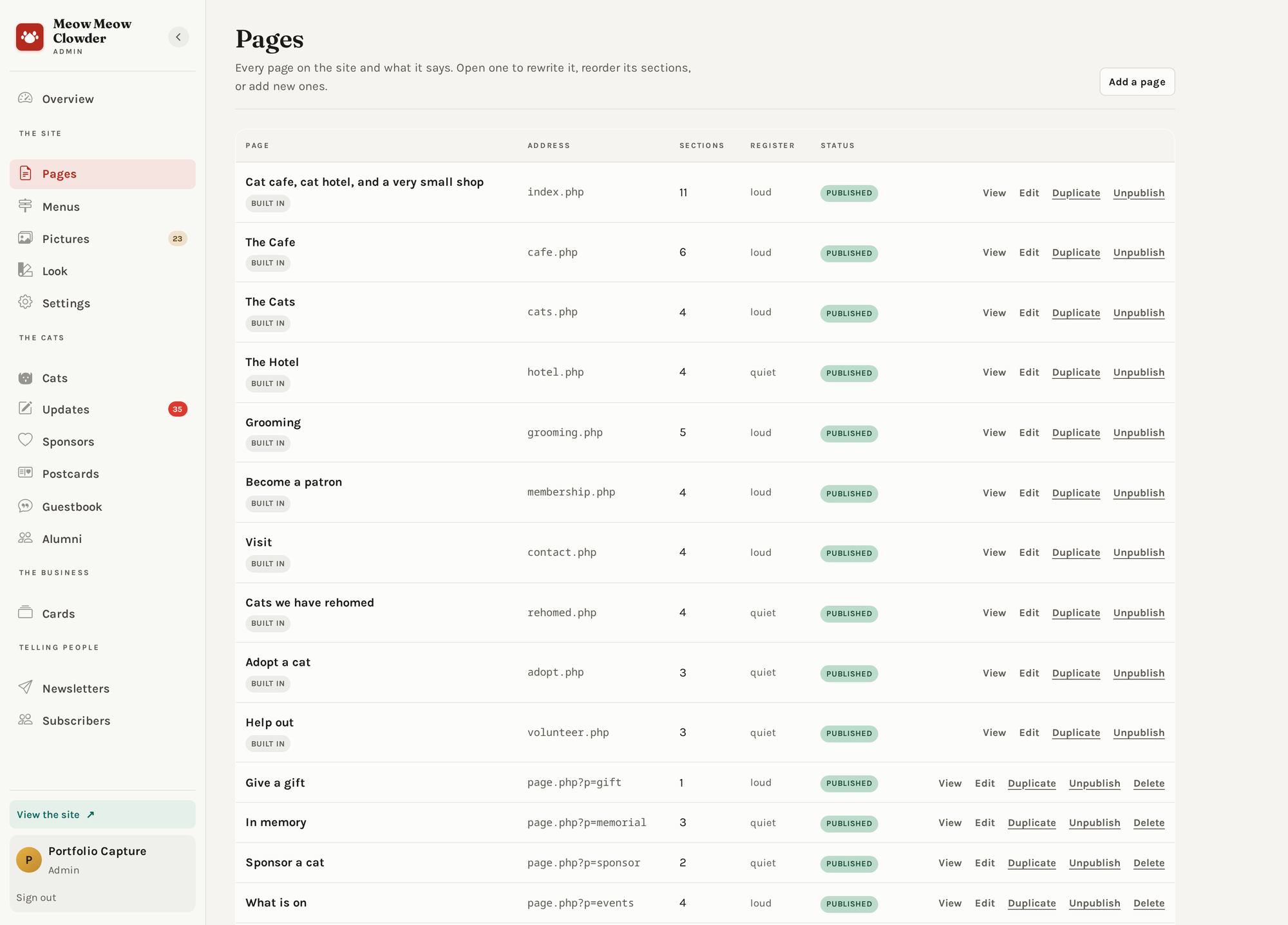 Pages list